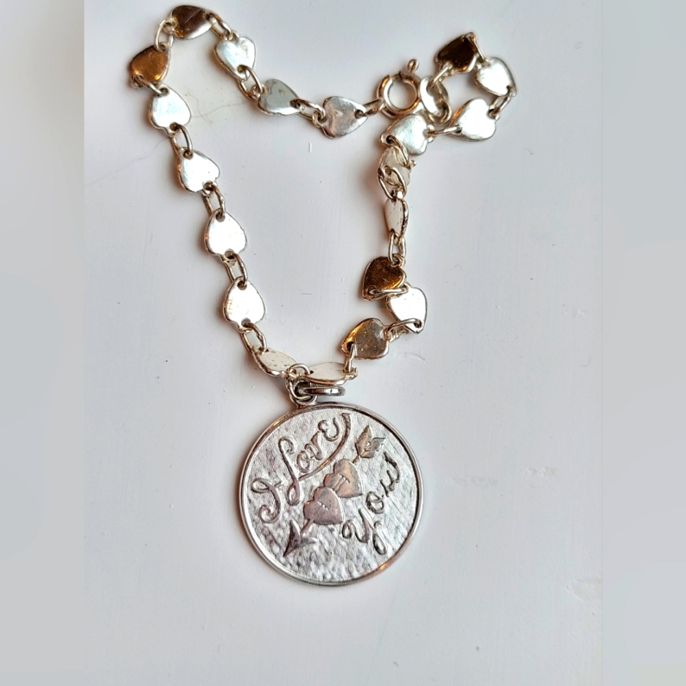 Vintage Sterling Silver Charm I Love You Heart Pendant Valendtine's Day Bracelet